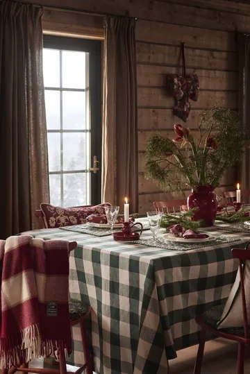 Mantel Checked Cotton Linen 150x350 cm - Green-light beige-red - Lexington