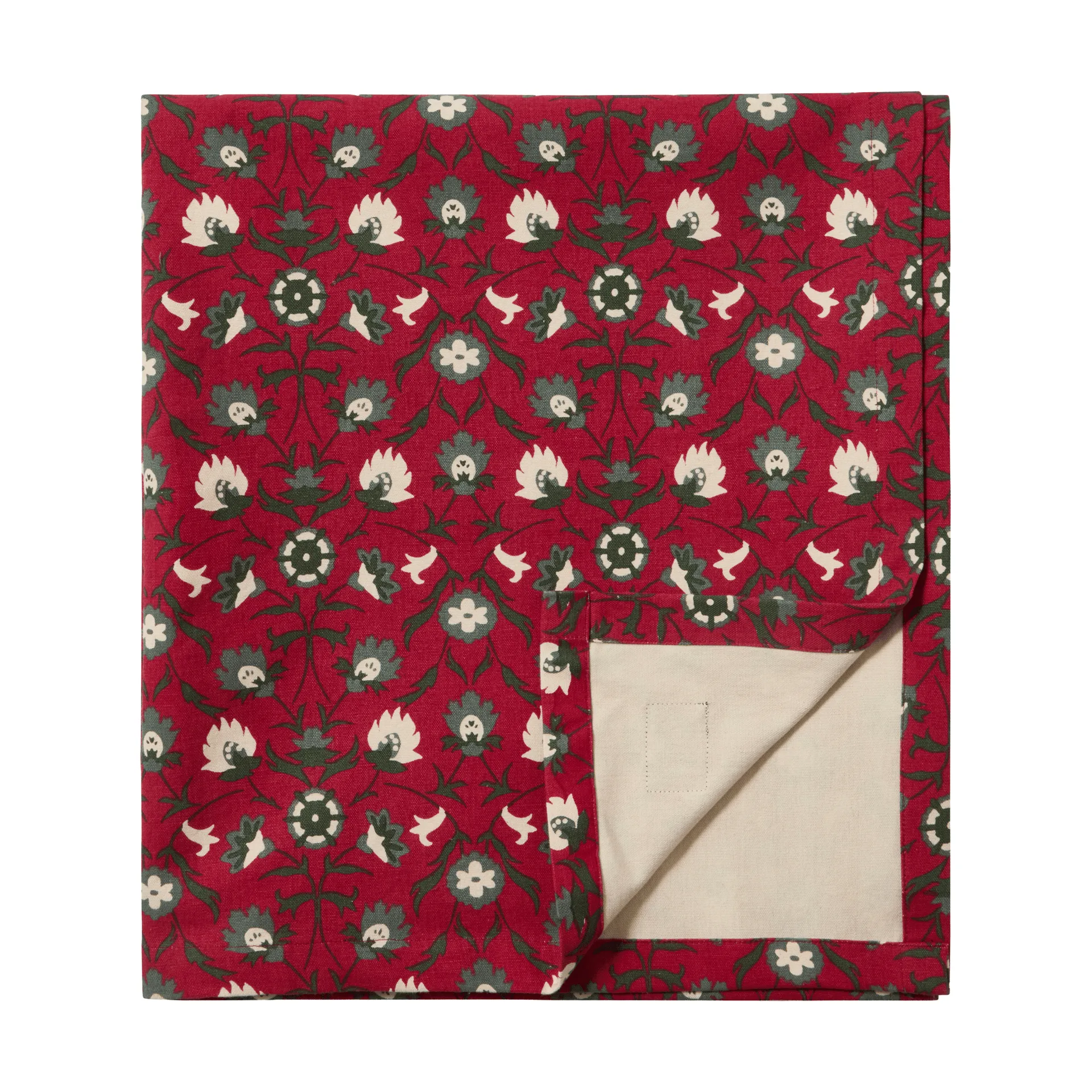 Mantel de algodón orgánico Flower printed, Red-beige-green, 150x250 cm Lexington