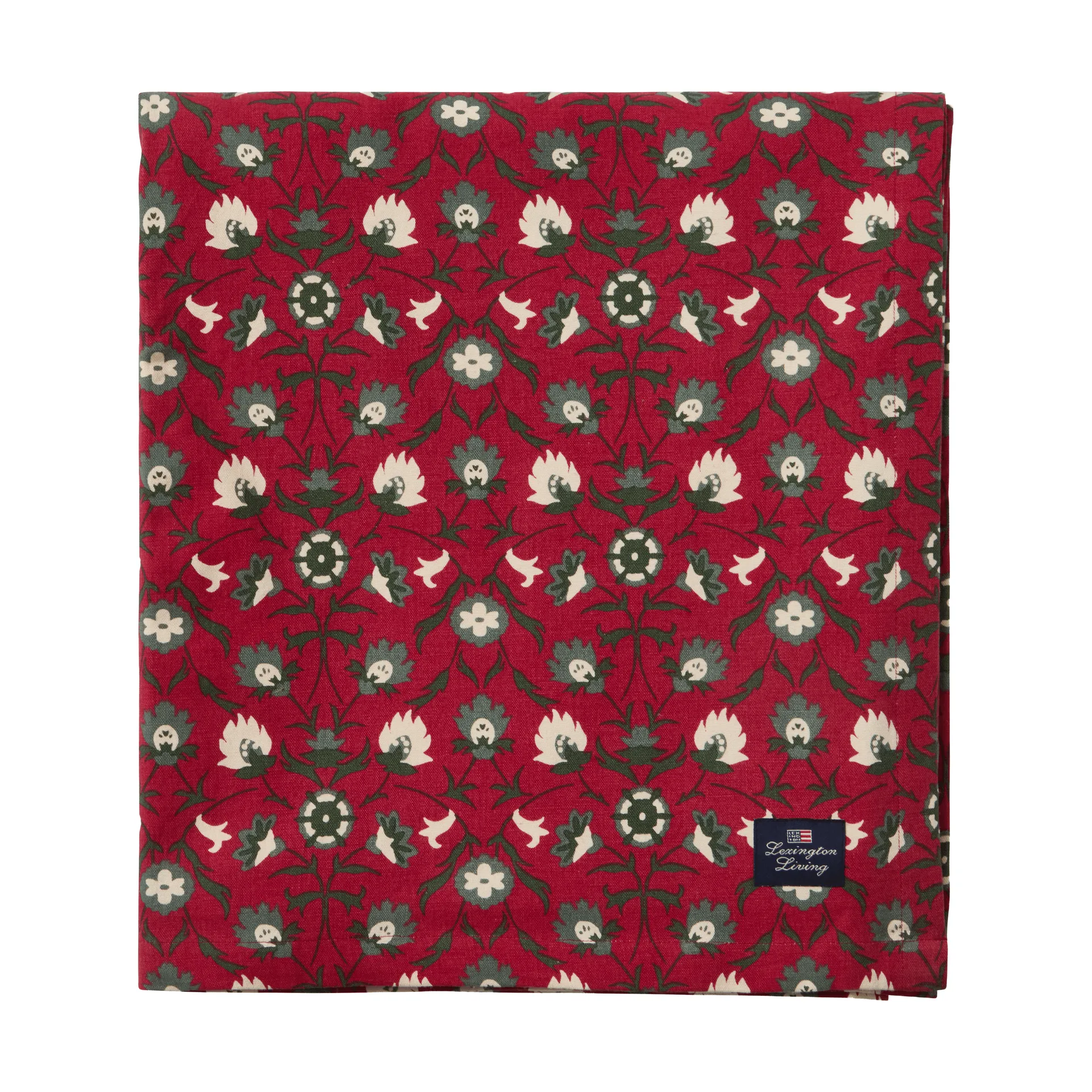 Mantel de algodón orgánico Flower printed, Red-beige-green, 150x350 cm Lexington