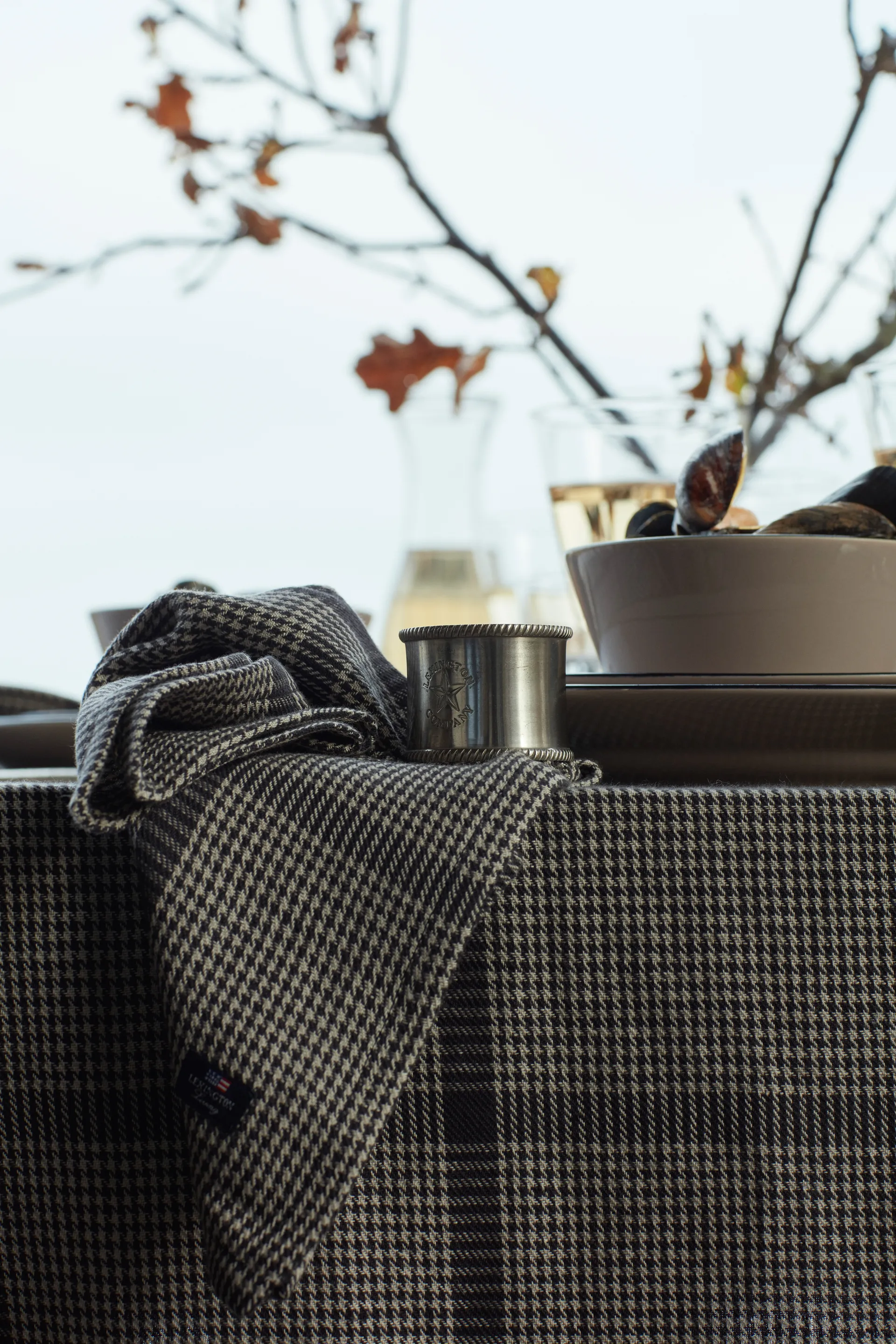 Mantel Pepita Check Cotton Linen 150x250 cm, Dark gray-beige Lexington