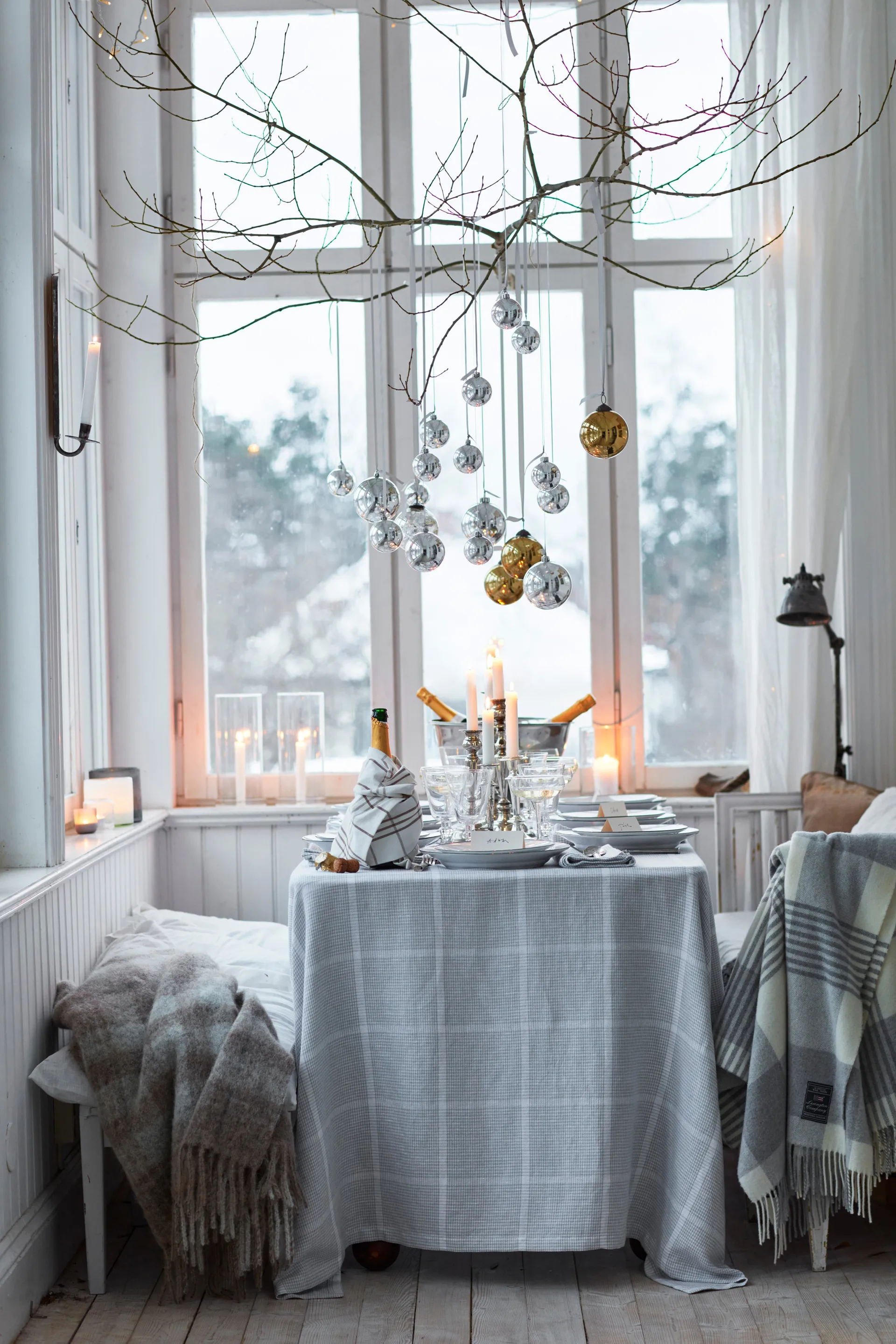 Mantel Pepita Check Cotton Linen 180x180 cm, White-light gray Lexington