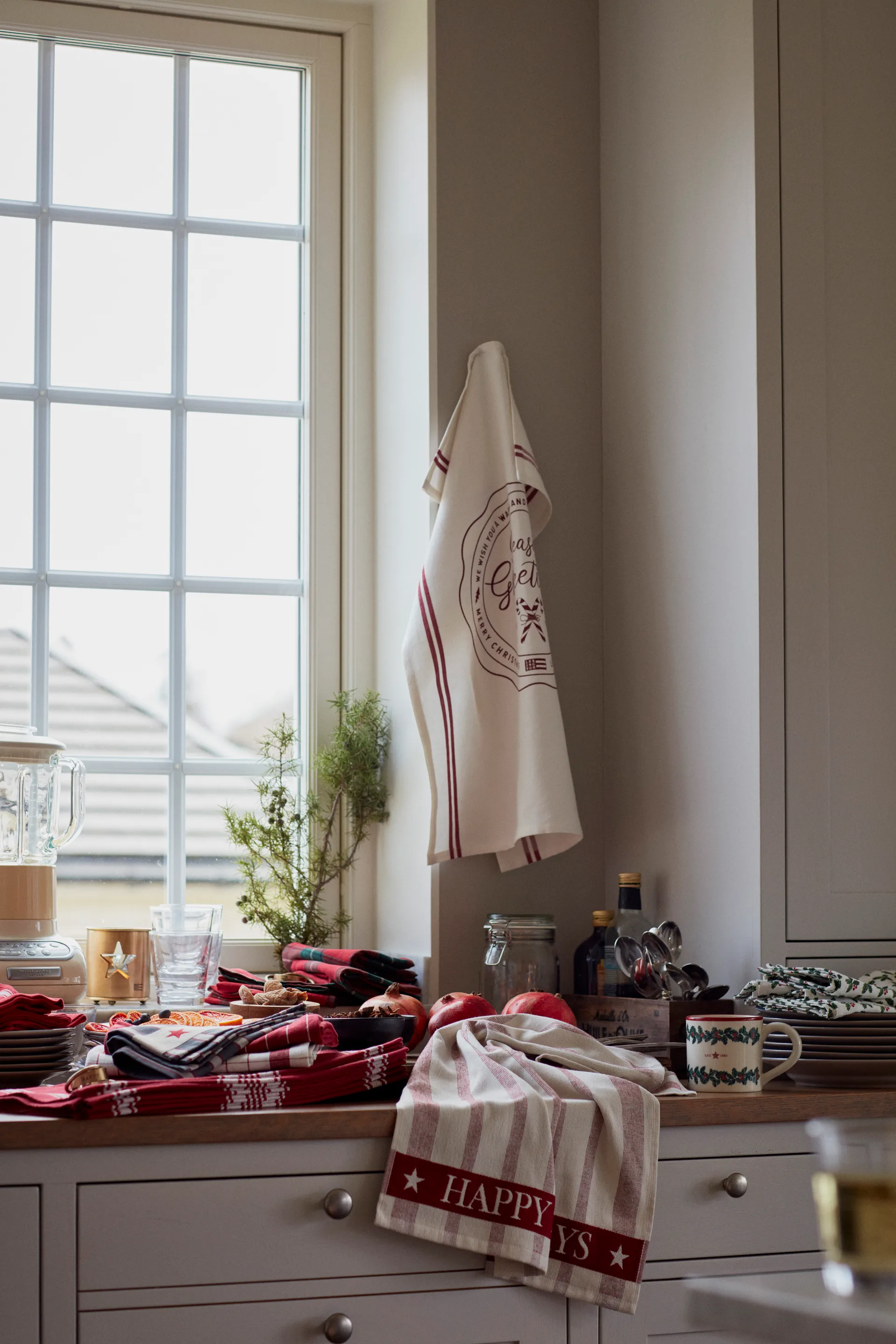 Paño de cocina Striped Cotton Terry jacquard 50x70 cm, Beige-rojo Lexington