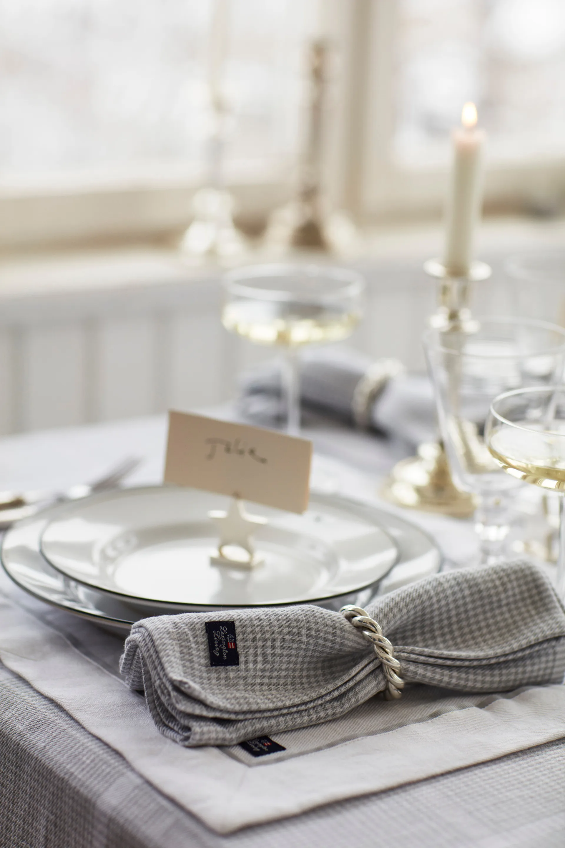 Servilleta de tela Pepita Check Cotton Linen 50x50 cm, White-light gray Lexington