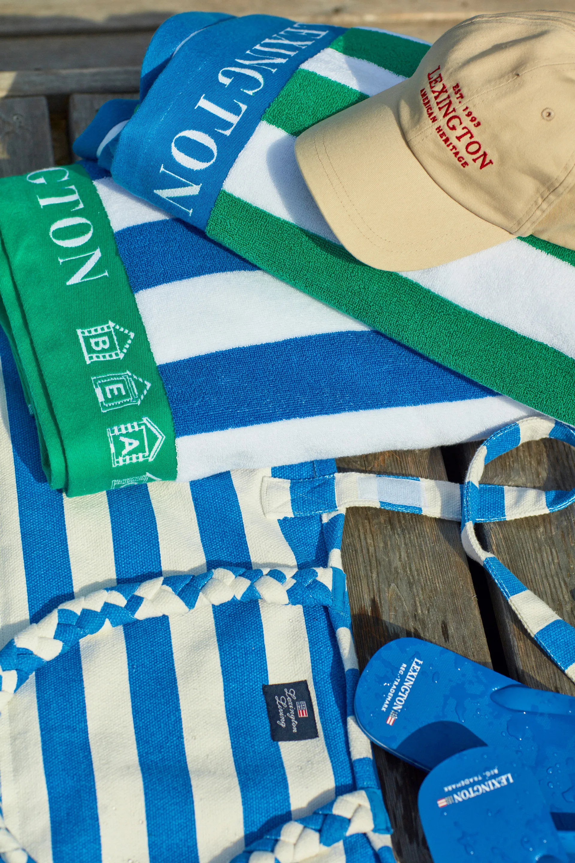 Toalla de playa Striped Cotton Terry 100x180 cm, Azul-blanco-verde Lexington