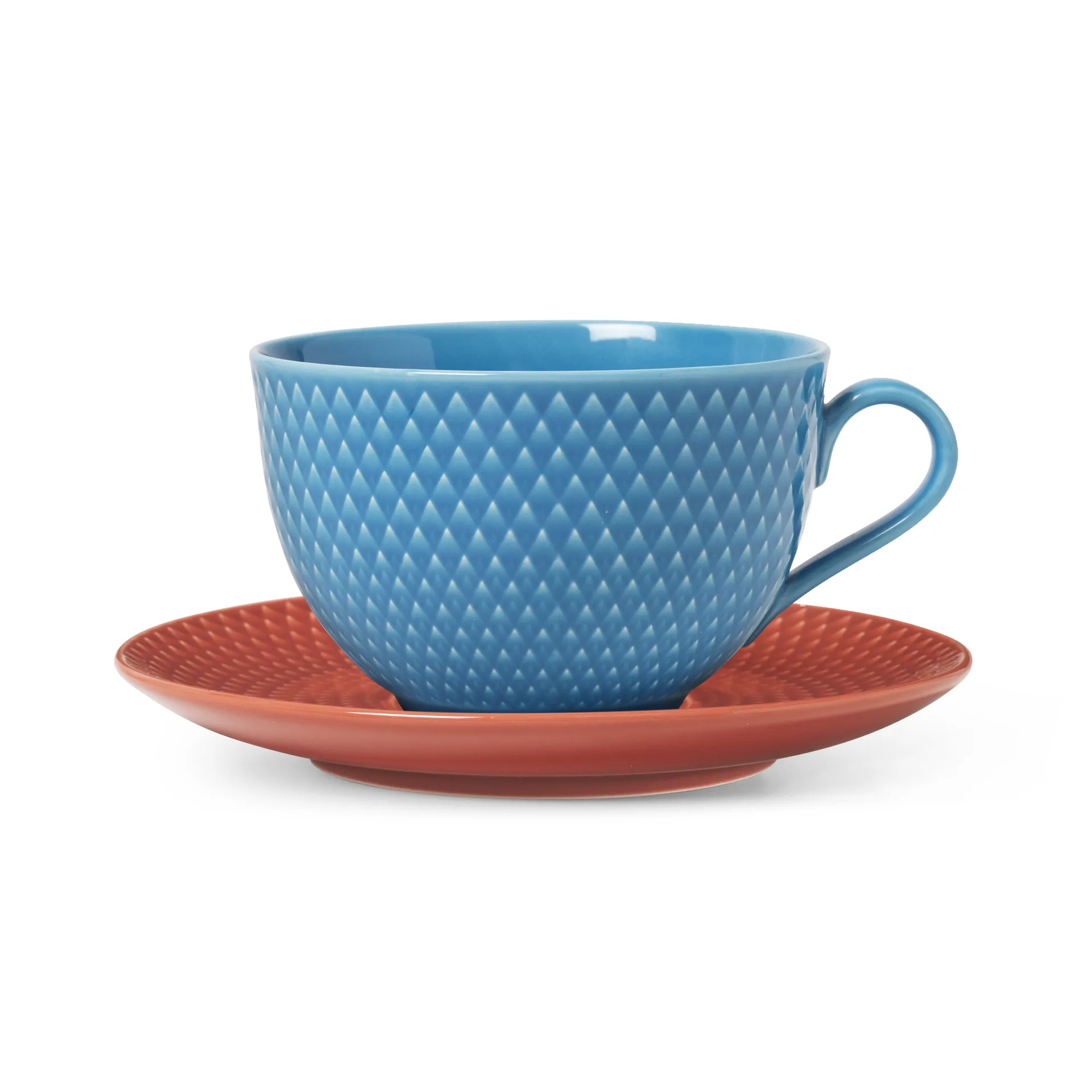 Taza de té y platillo Rhombe, azul-terracota Lyngby Porcelæn
