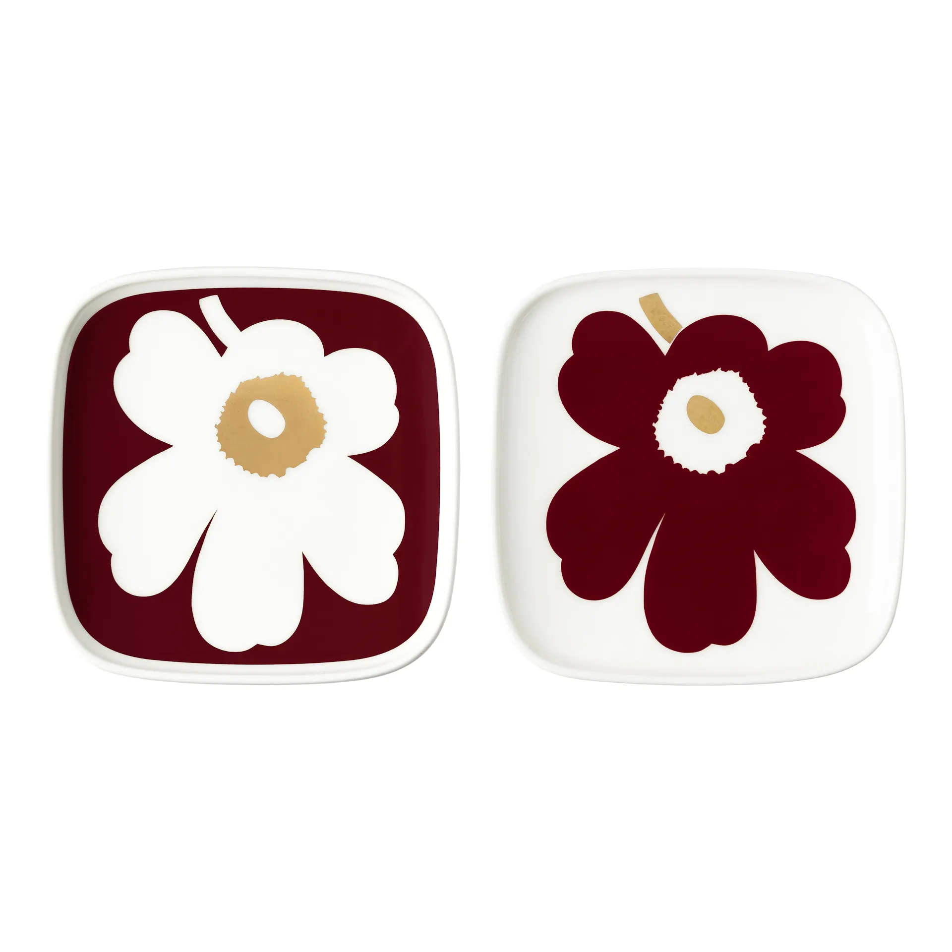2 Platos Juhla Unikko 10x10 cm, blanco-rojo vino-oro Marimekko