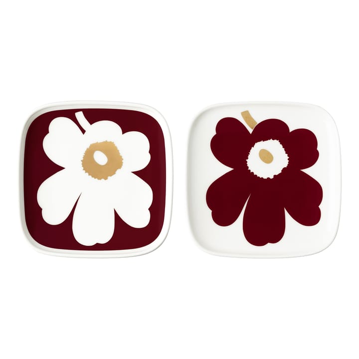 2 Platos Juhla Unikko 10x10 cm, blanco-rojo vino-oro Marimekko