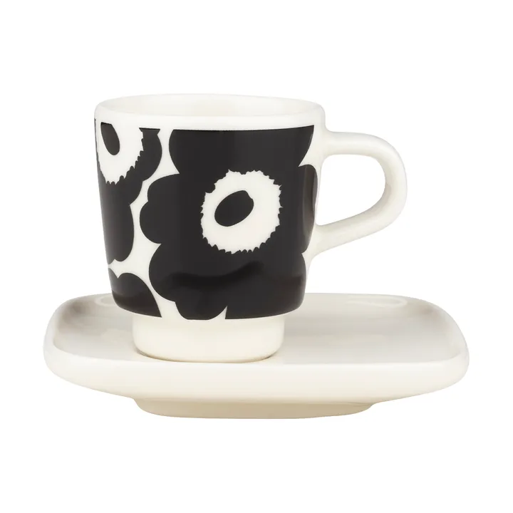Taza de espresso con plato Unikko, 2 piezas - Black-white - Marimekko