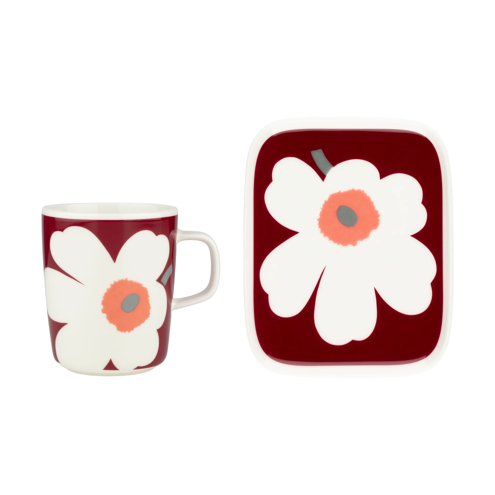 Taza Unikko 60 aniversario 25 cl + plato 12x15 cm, White-dark cherry-ash grey Marimekko