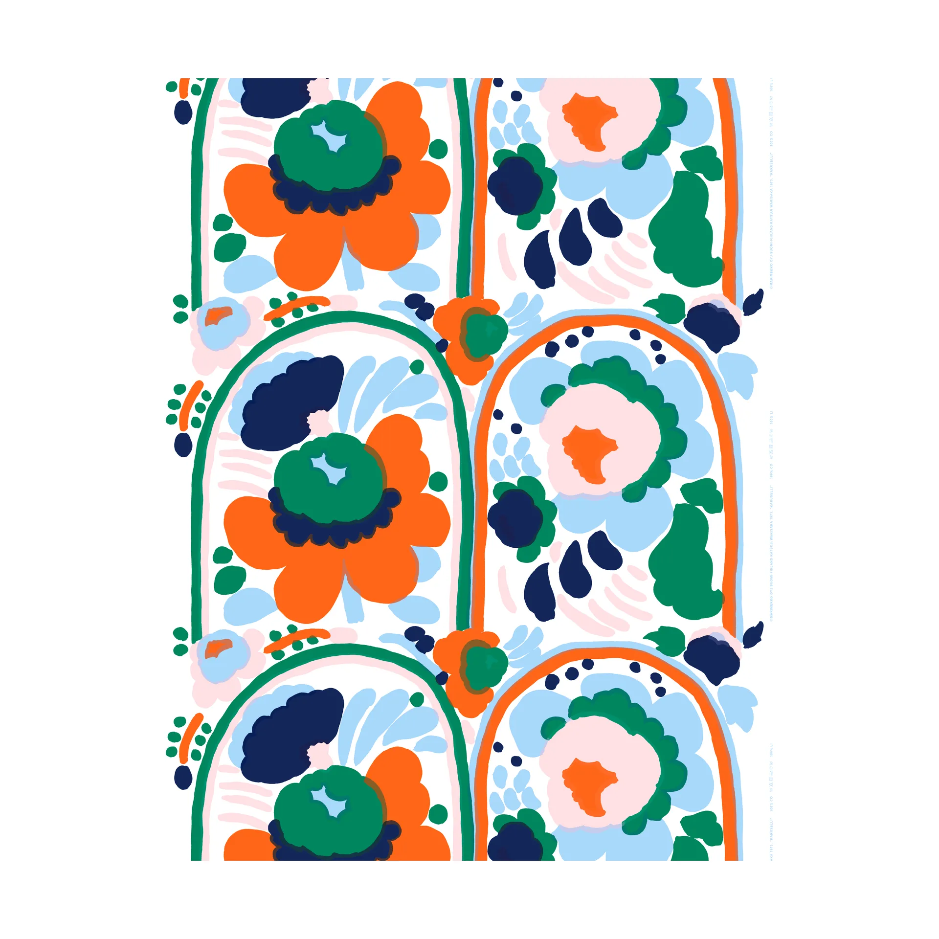 Tela de algodón Karuselli, White-orange-blue-emerald Marimekko