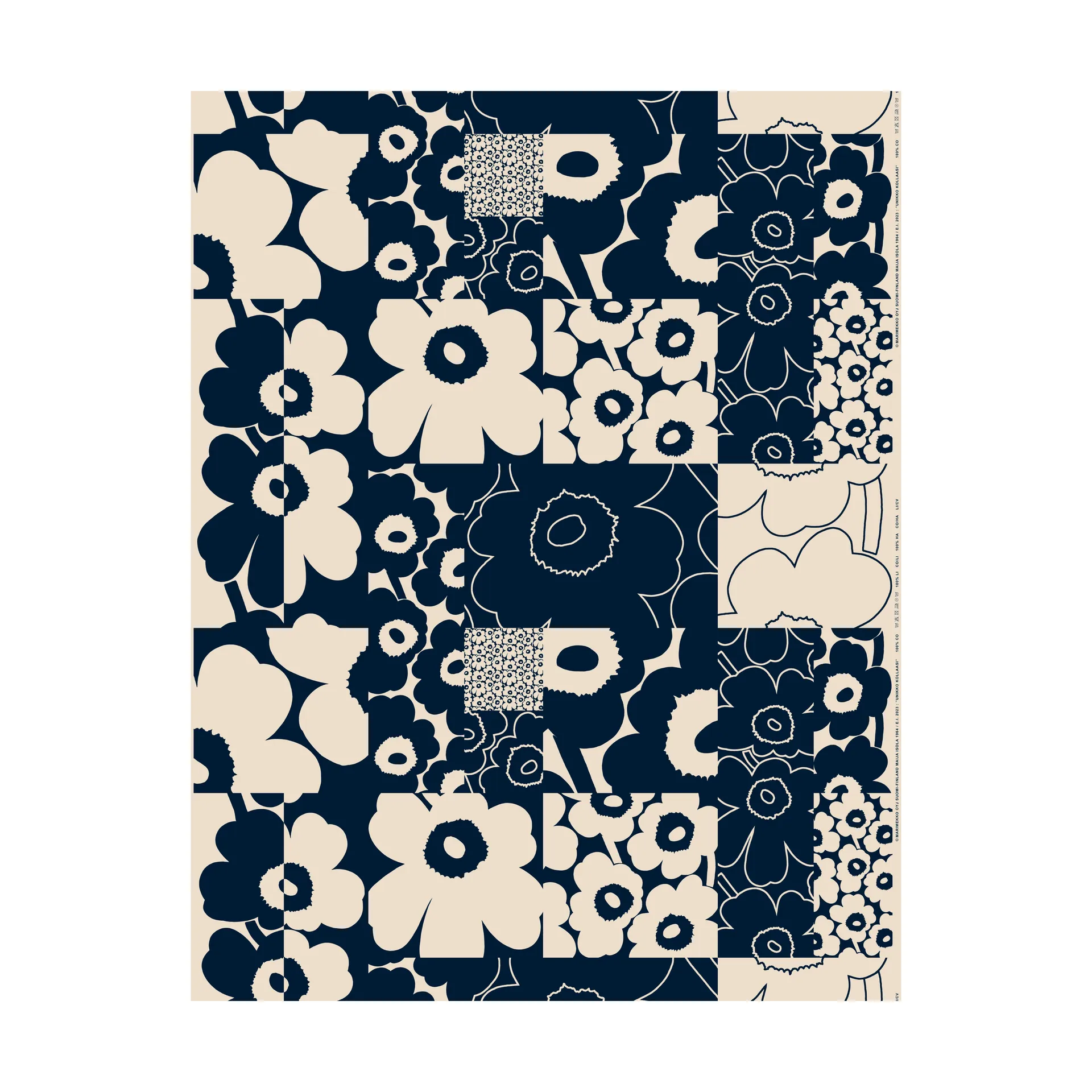 Tela de algodón-lino Unikko collage, Linen-dark navy Marimekko