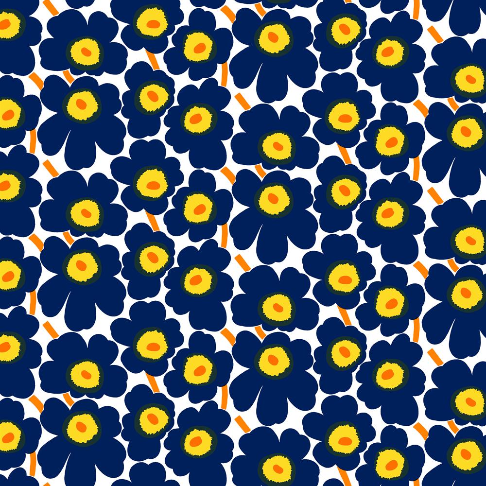 Tela de algodón Pieni Unikko, blanco-azul-amarillo Marimekko