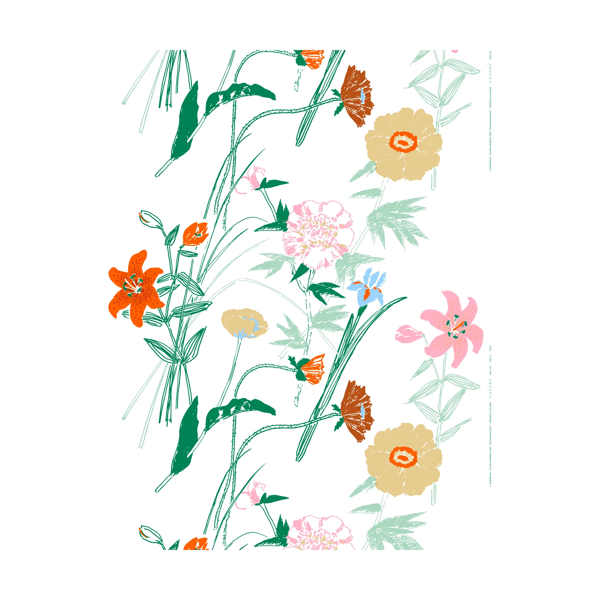 Tela de algodón Puutarhakutsut, White-green-orange Marimekko