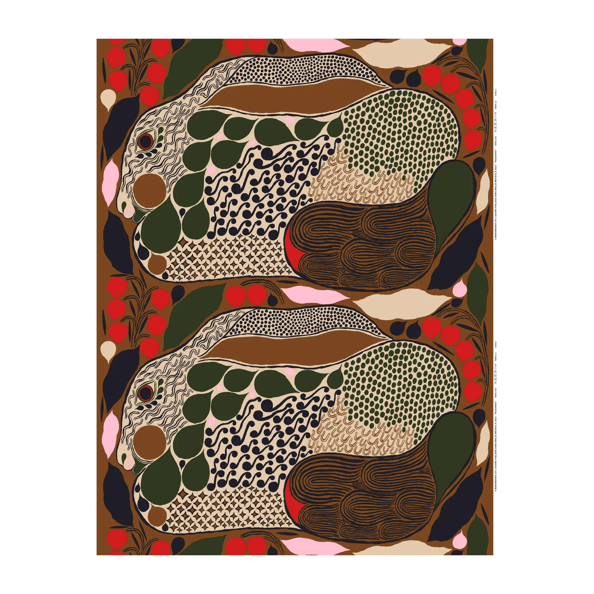 Tela de algodón Rusakko, marrón-azul oscuro-rojo Marimekko