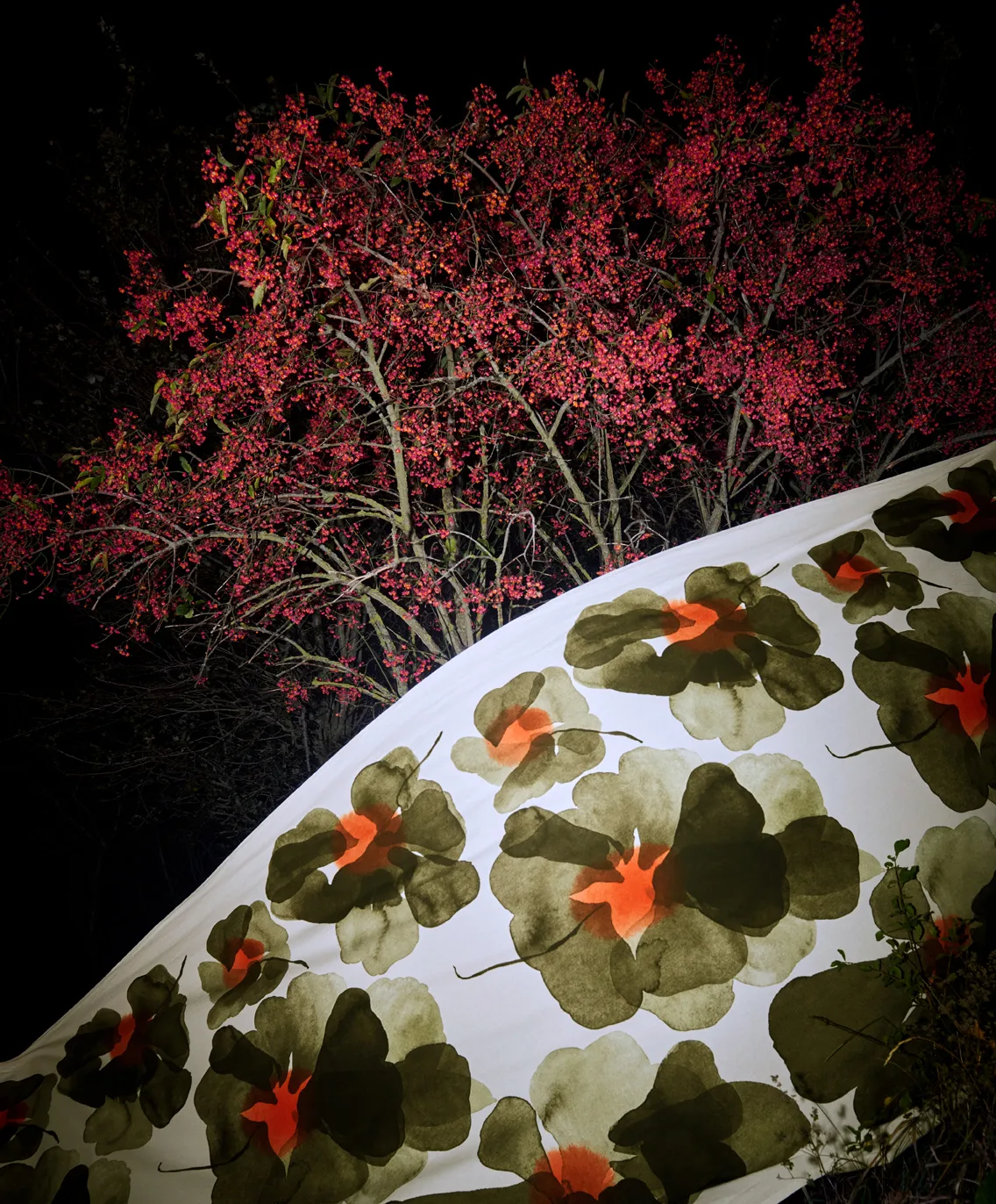 Tela de algodón Valssi, Blanco-verde bosque-tomate Marimekko