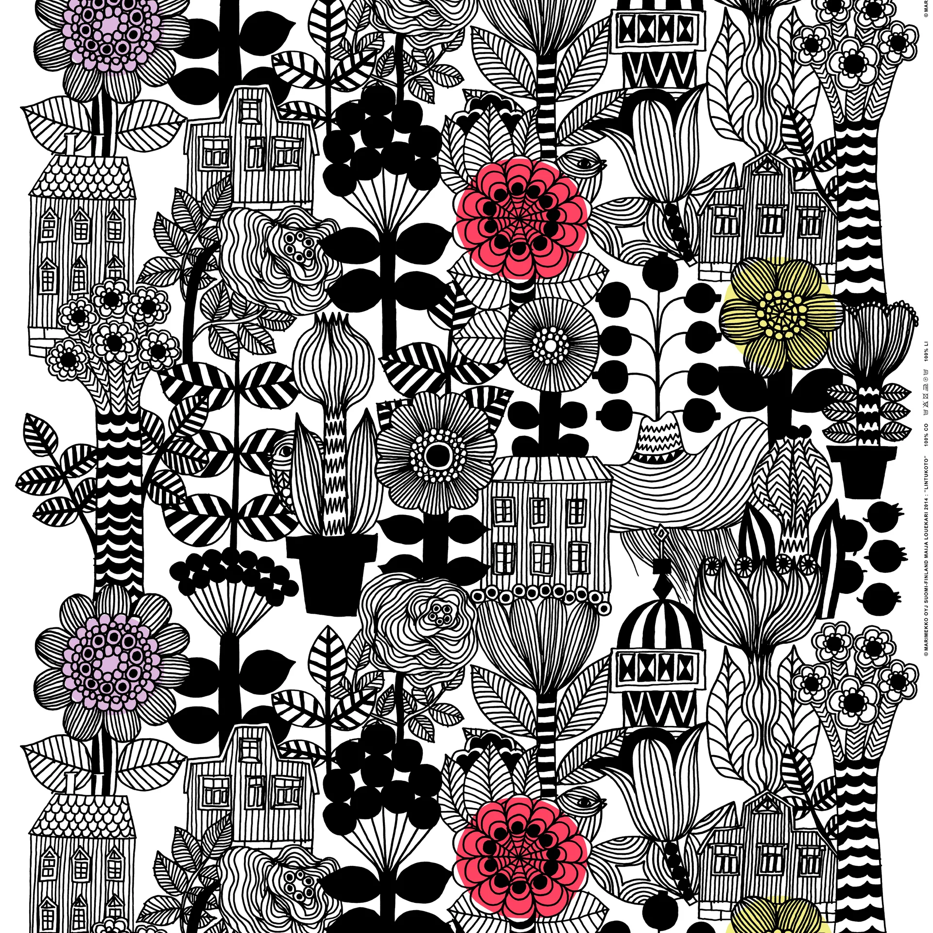 Tela Lintukoto, blanco-negro-amarillo Marimekko