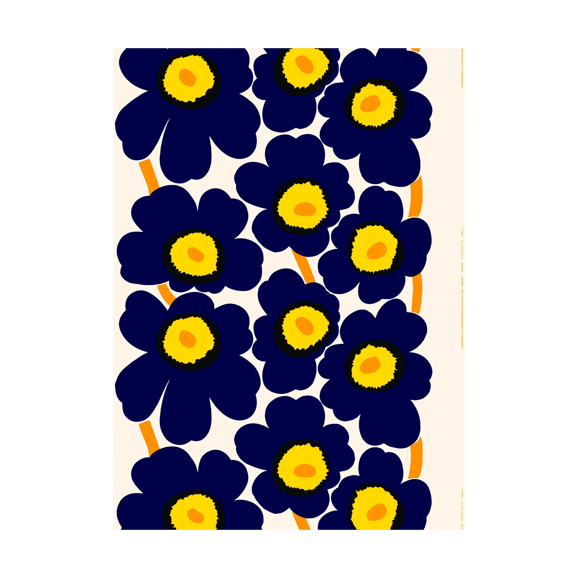 Tela Unikko algodón grueso, Cotton-d. blue-yellow-orange Marimekko