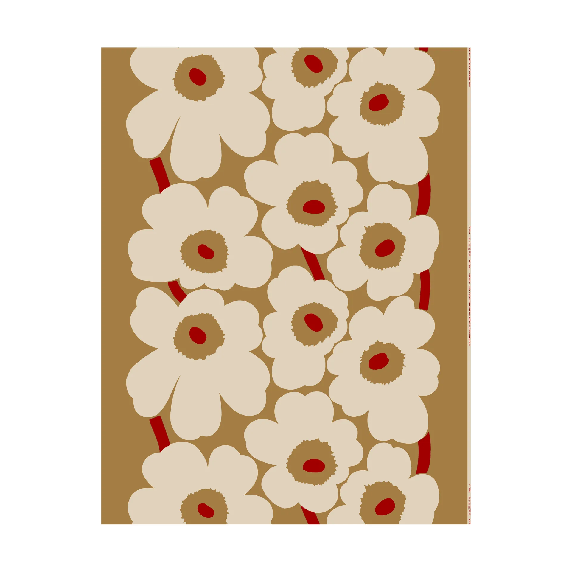 Tela Unikko algodón-lino, Brown-linen-red Marimekko