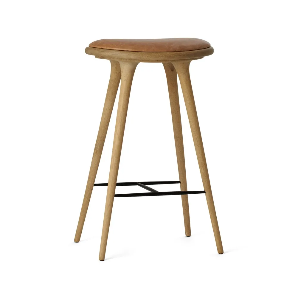 High stool taburete Mater alto 74 cm, piel cruda, base de roble enjabonado Mater