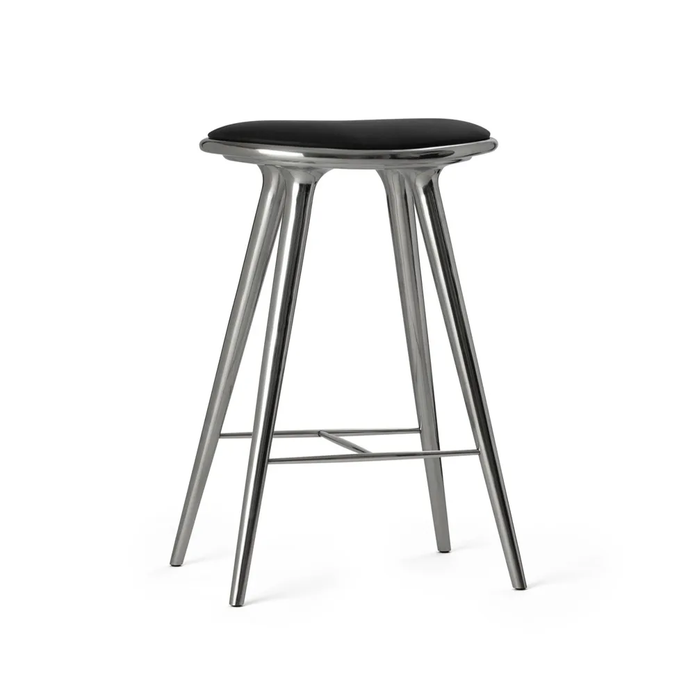 High stool taburete Mater bajo 69 cm, piel negra, base de aluminio Mater