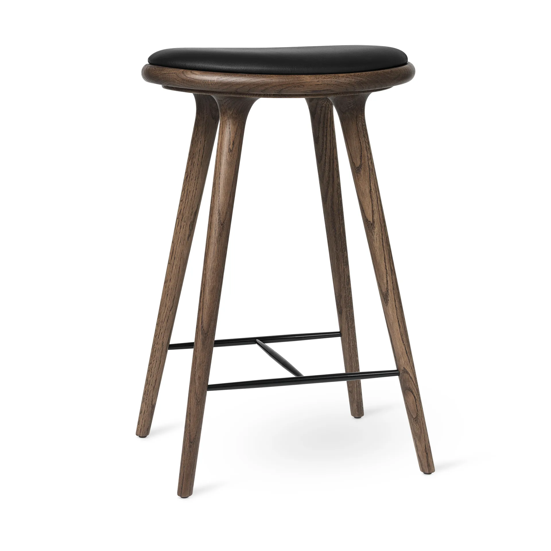 High stool taburete Mater bajo 69 cm, piel negra, base de roble teñido marrón Mater