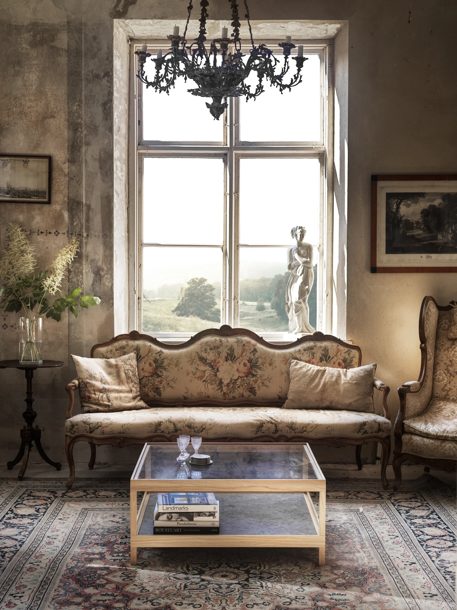 Mesa de centro Ima 90x90 cm, Roble blanqueado con acabado mate , piedra caliza Mavis