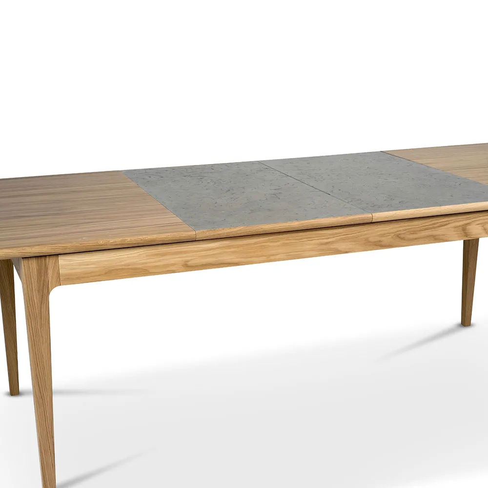 Mesa de comedor Höllviken, Roble blanqueado con laca mate - 2 extensiones, MDF beige de 50 cm cada una Mavis