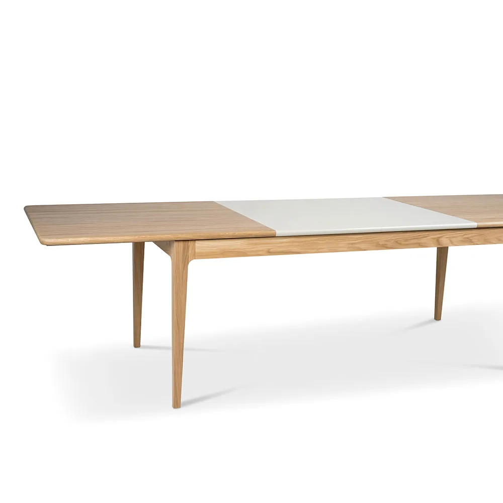Mesa de comedor Höllviken, Roble blanqueado con laca mate - 2 extensiones, MDF beige de 50 cm cada una Mavis