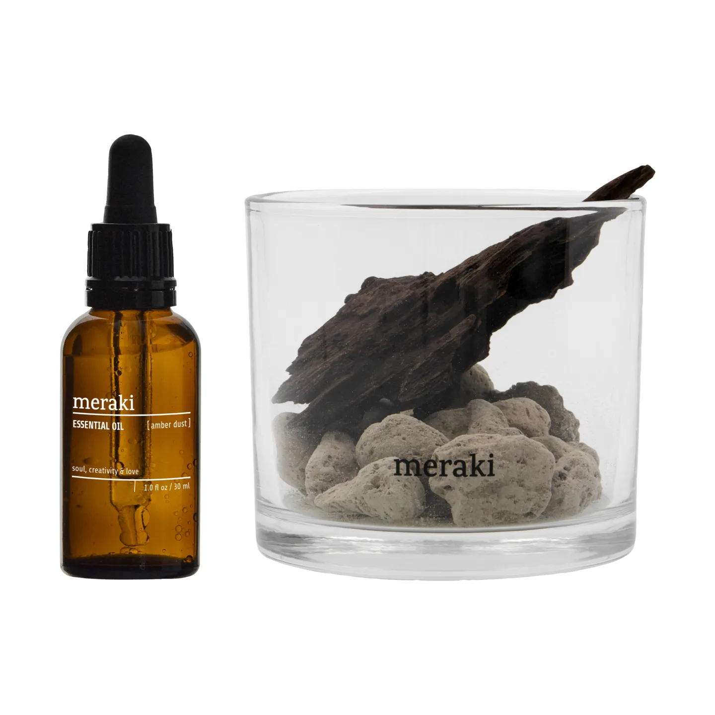 Difusor Meraki de piedra de lava y madera con aceite incluido, Amber dust, negro Meraki