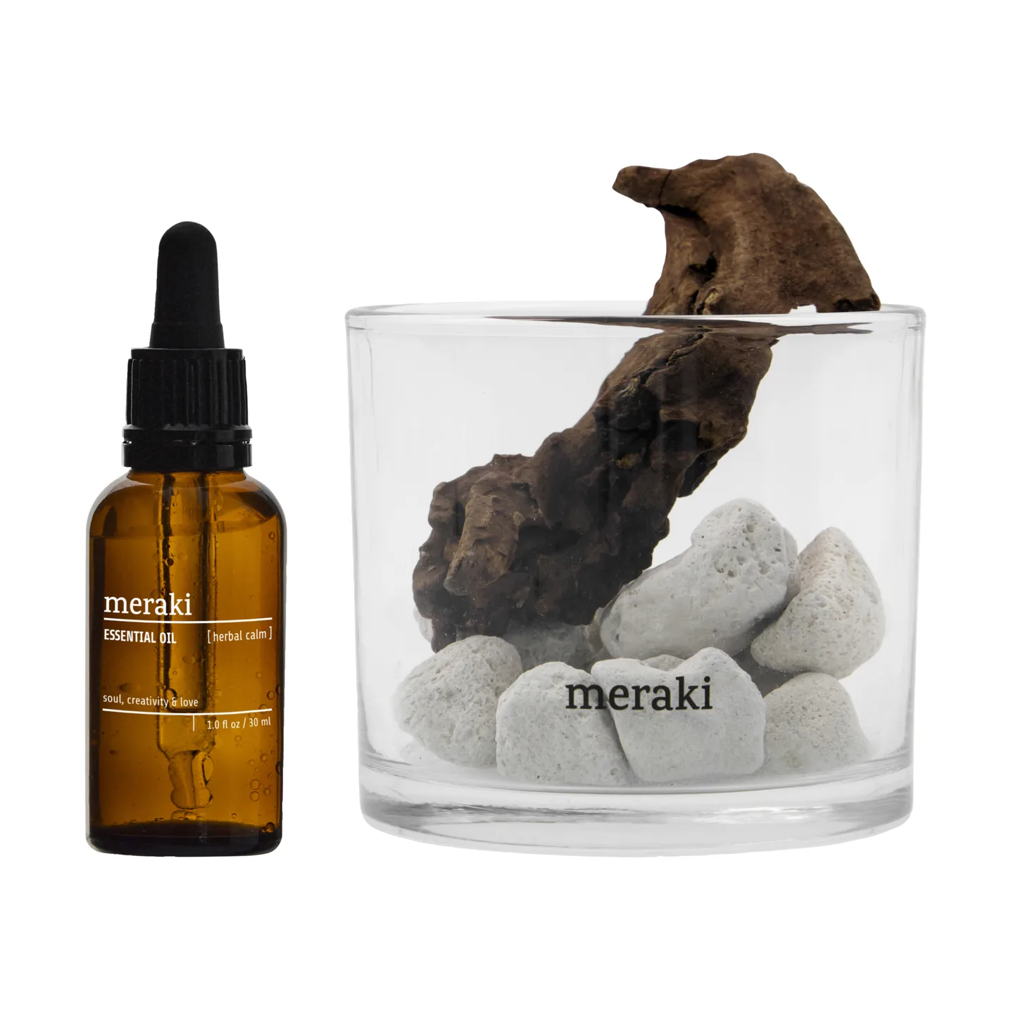 Difusor Meraki de piedra de lava y madera con aceite incluido, Herbal calm, Blanco Meraki