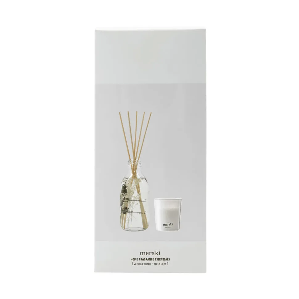 Set de regalo Meraki con varitas y vela aromática, Verbena drizzle-fresh linen Meraki