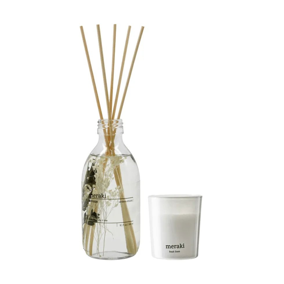 Set de regalo Meraki con varitas y vela aromática, Verbena drizzle-fresh linen Meraki