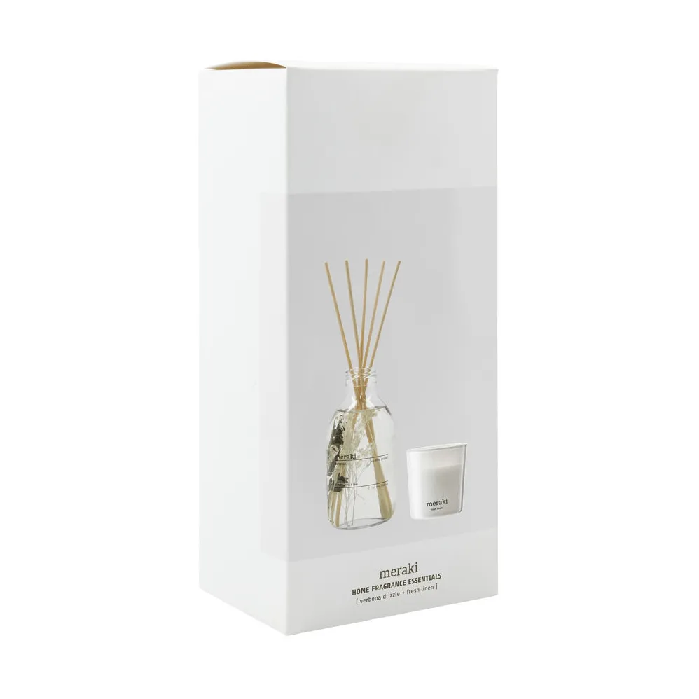 Set de regalo Meraki con varitas y vela aromática, Verbena drizzle-fresh linen Meraki