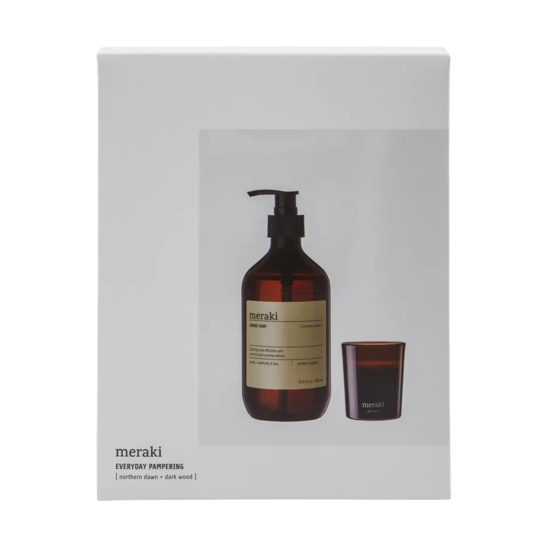 Set de regalo Meraki jabón de manos y vela perfumada, Northern dawn + dark wood Meraki