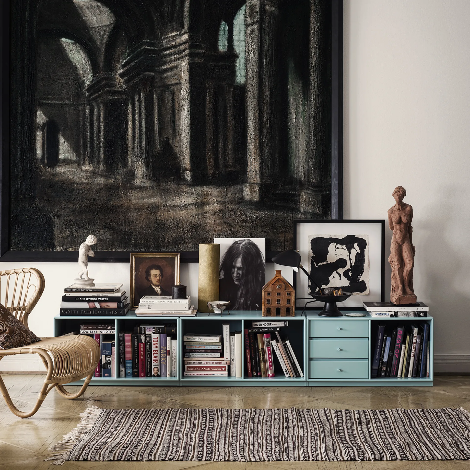 Módulo de estantería Rest, New white 101 zócalo, 3 cajones Montana