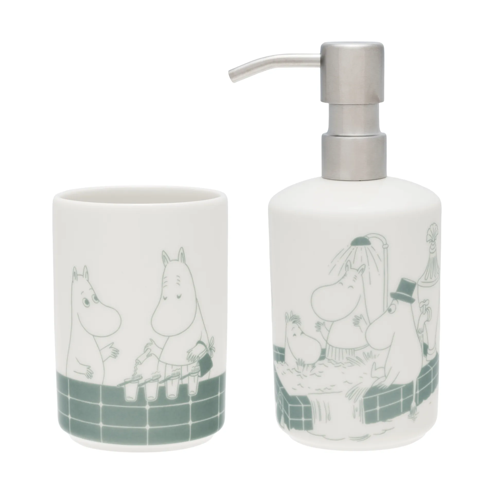Dispensador de jabón y portacepillos de dientes Mumin, Hora del baño verde-blanco Moomin Arabia