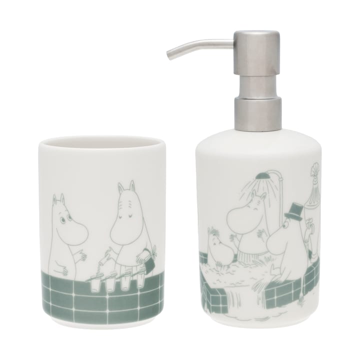 Dispensador de jabón y portacepillos de dientes Mumin - Hora del baño verde-blanco - Moomin Arabia