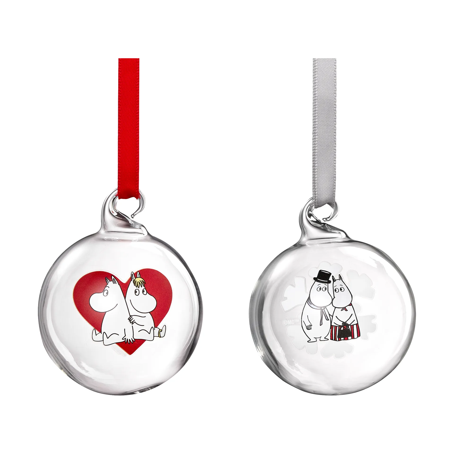Bola de navidad Moomin Ø5 cm, 2 piezas, Corazón-copo de nieve Muurla