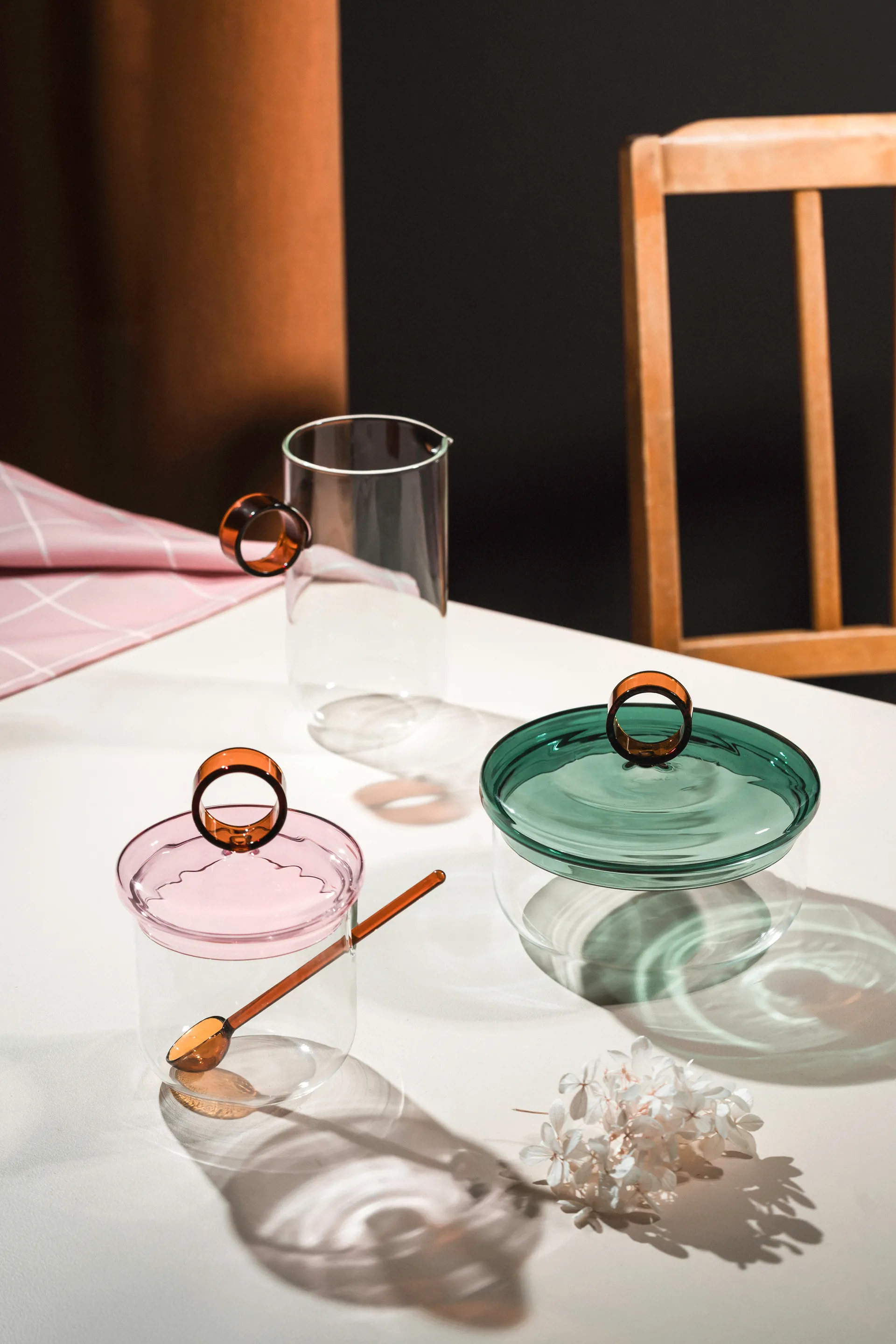 Tazón para azúcar con cuchara Loop Ø14 cm, Transparente-rosa-ámbar Muurla