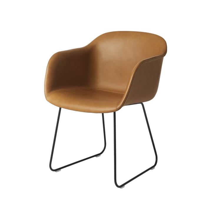 Silla con reposabrazos Fiber base trineo - Refine leather cognac-negro - Muuto