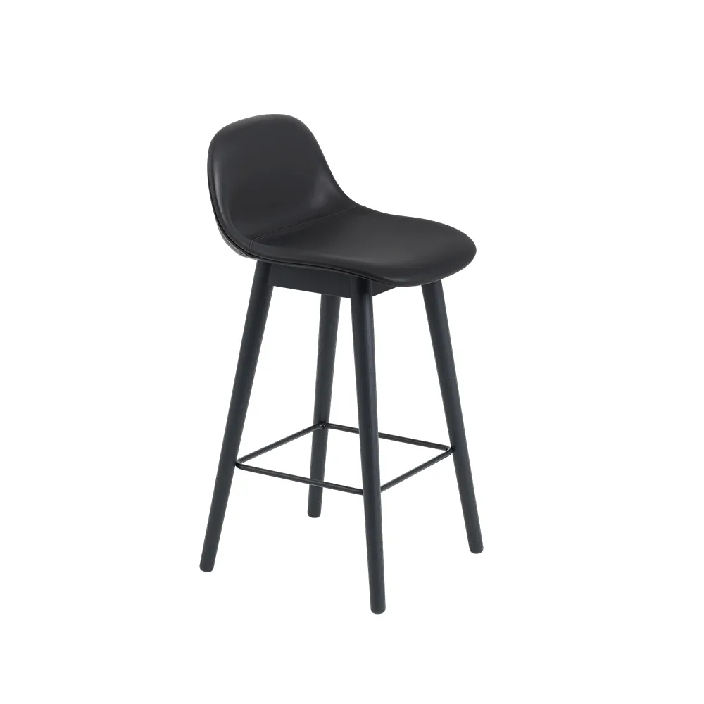 Taburete bar con respaldo Fiber 75 cm, Cuero negro-patas negras Muuto