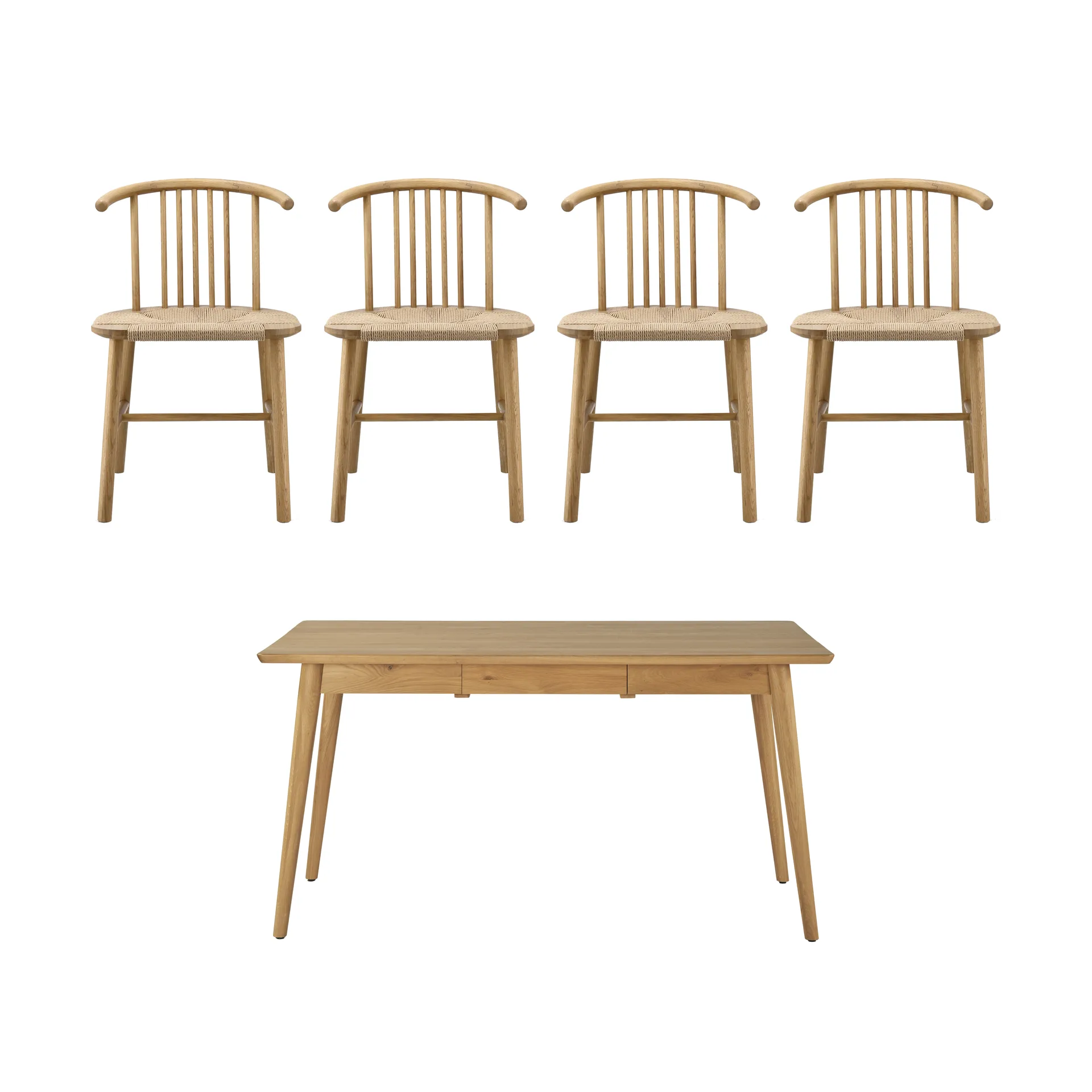 Mesa de comedor VIOR 120 cm + silla pack de 4 – Roble lacado‑natural,  NJRD