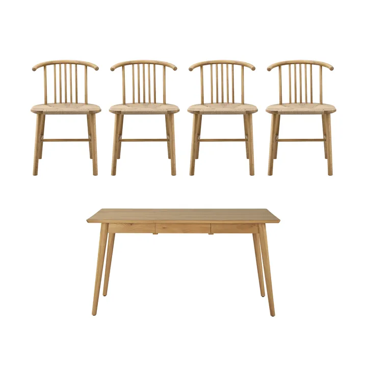 Mesa de comedor VIOR 120 cm + silla pack de 4 – Roble lacado‑natural - NJRD