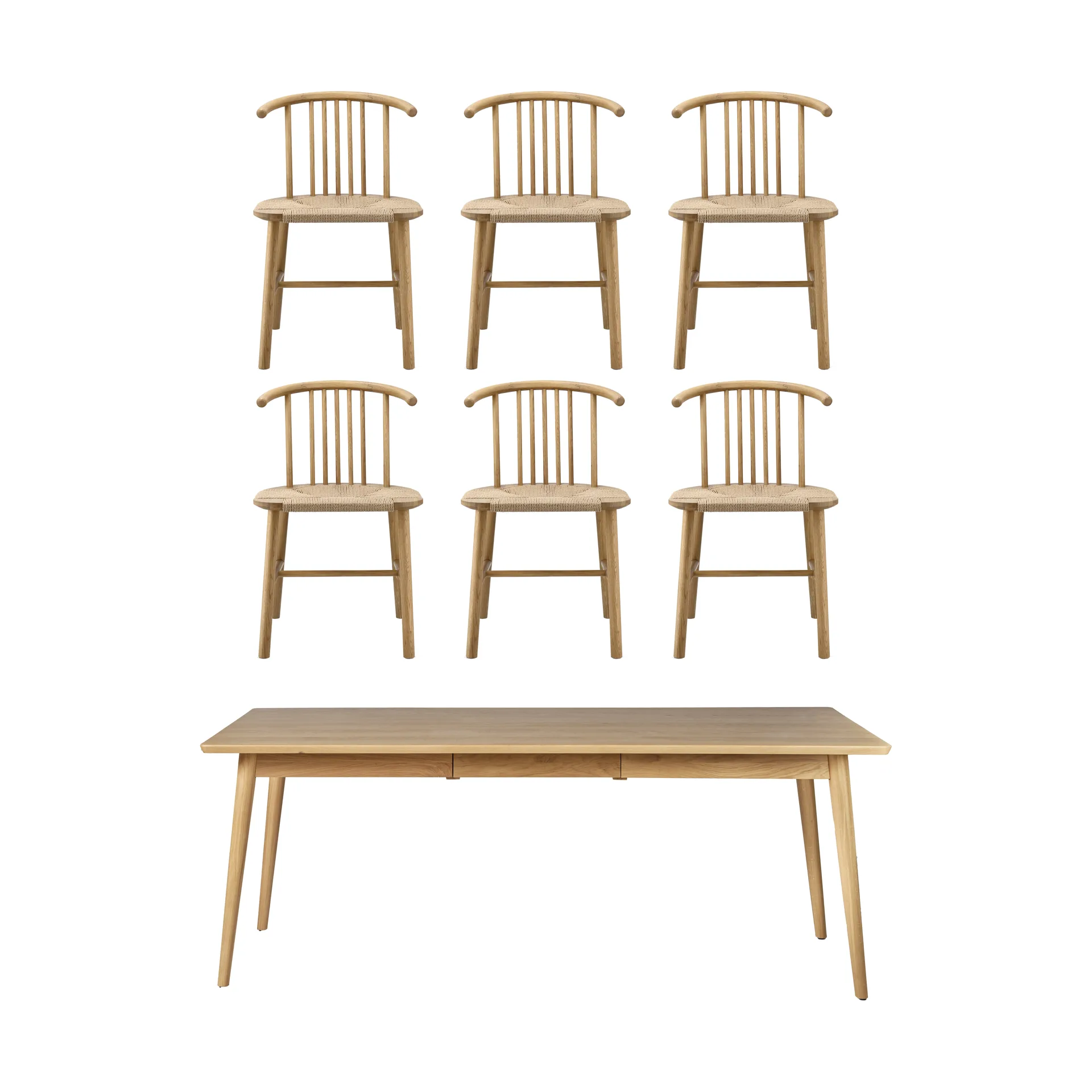 Mesa de comedor VIOR 200 cm + silla pack de 6 – Roble lacado‑natural NJRD