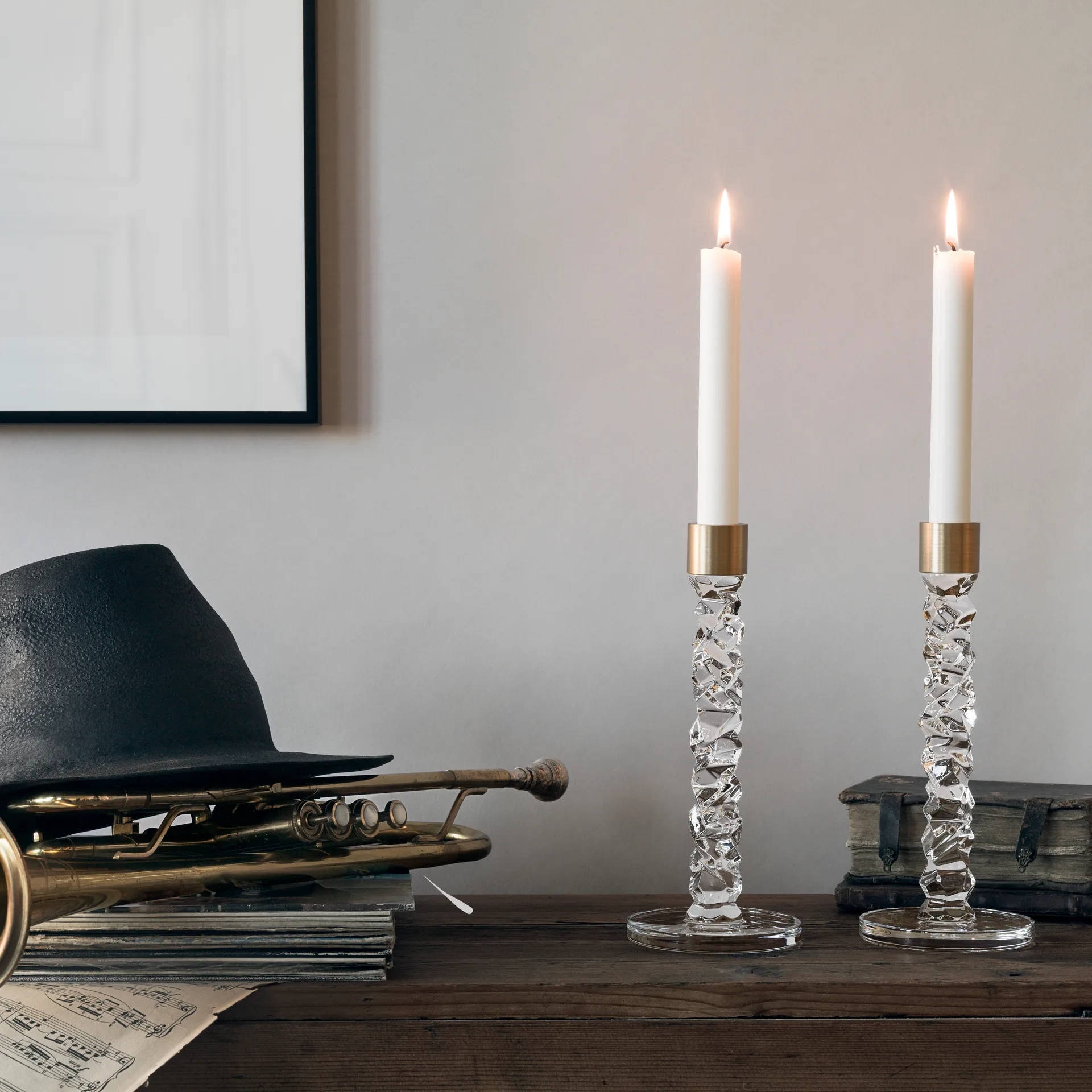 2 Candelabros Carat, latón, set de 2 Orrefors