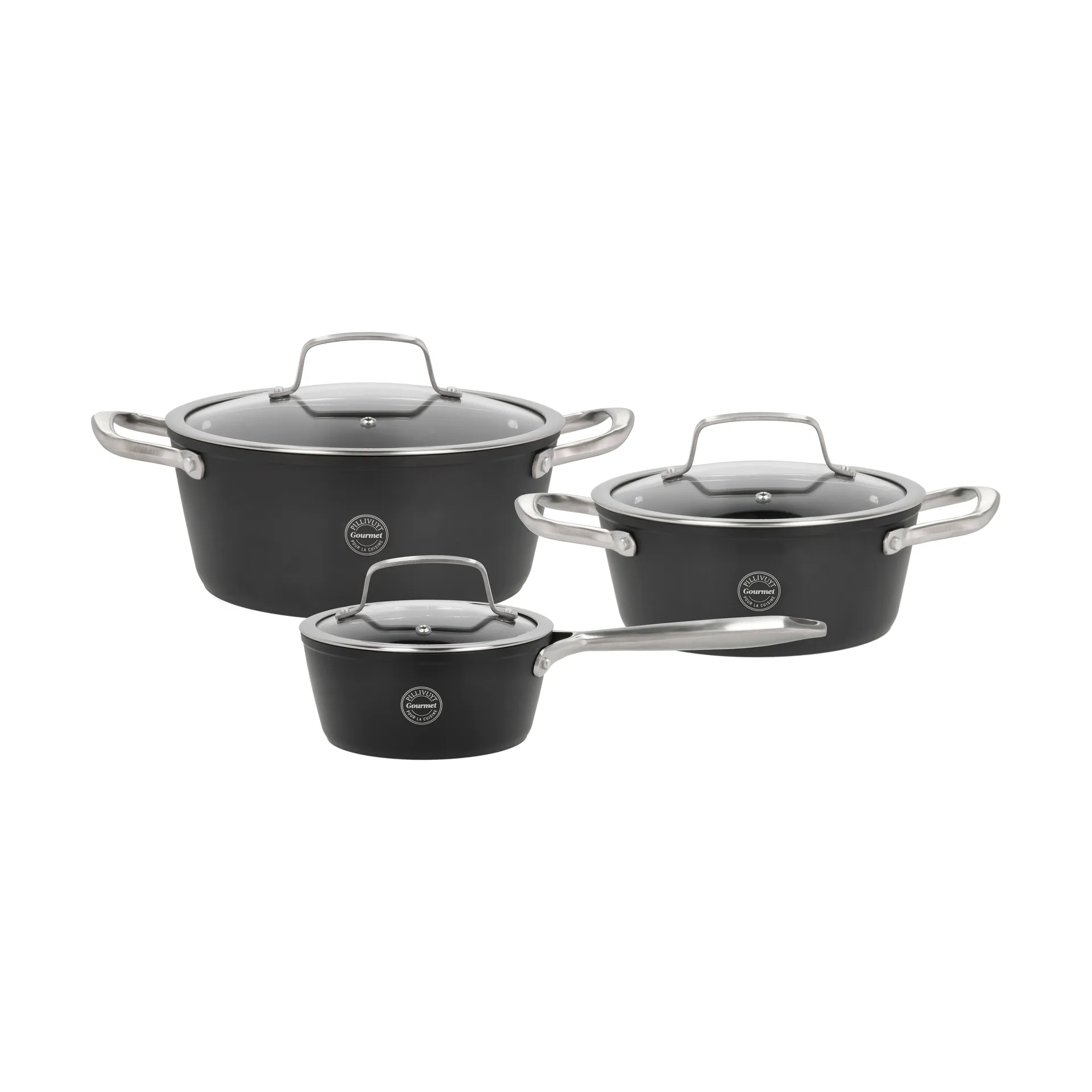 Batería de cocina con tapa de vidrio Travo 6 piezas, Negro-aluminio Pillivuyt