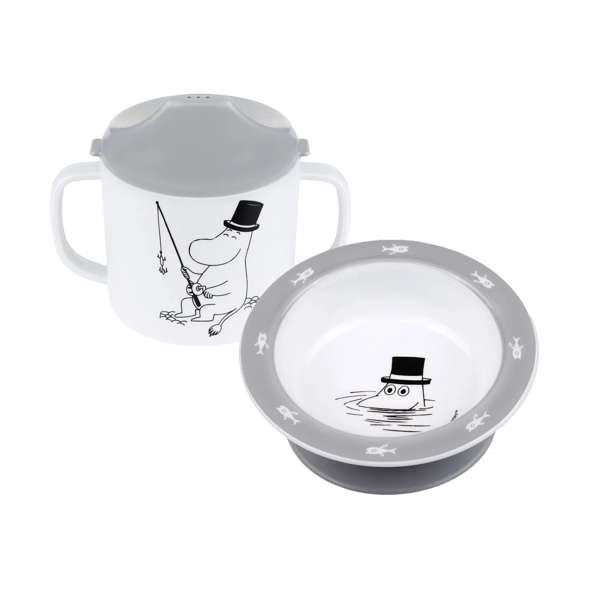 Mumin Vatten & Bad taza con boquilla y plato con ventosa, Gris Rätt Start