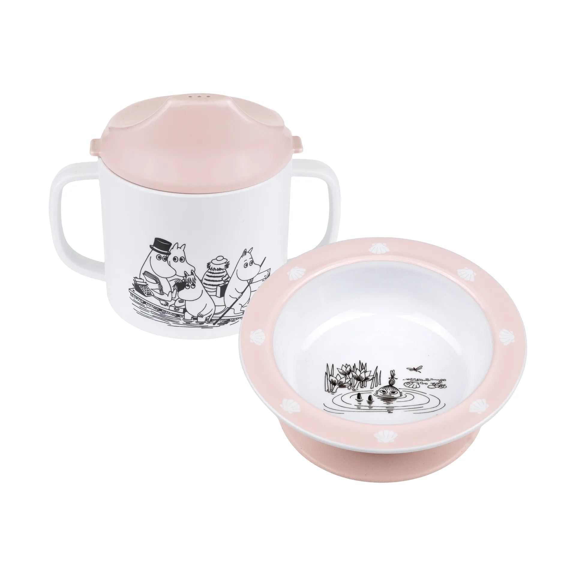 Mumin Vatten & Bad taza con boquilla y plato con ventosa, Rosa Rätt Start