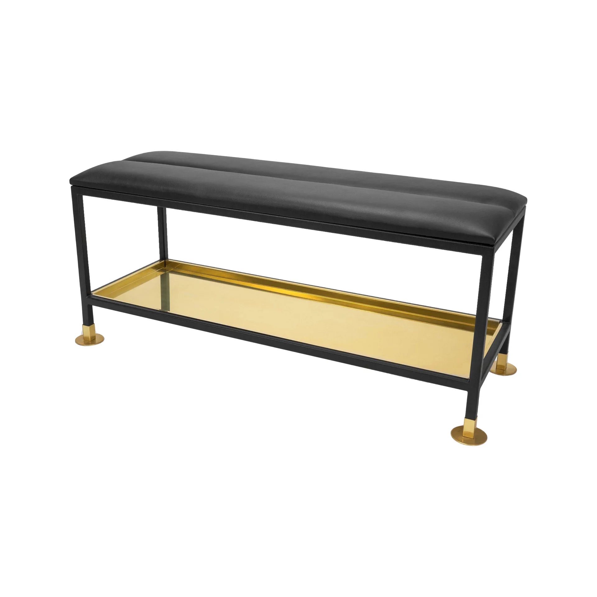 Banco con zapatero 11, Negro/latón, cojín para silla cuero negro Scherlin