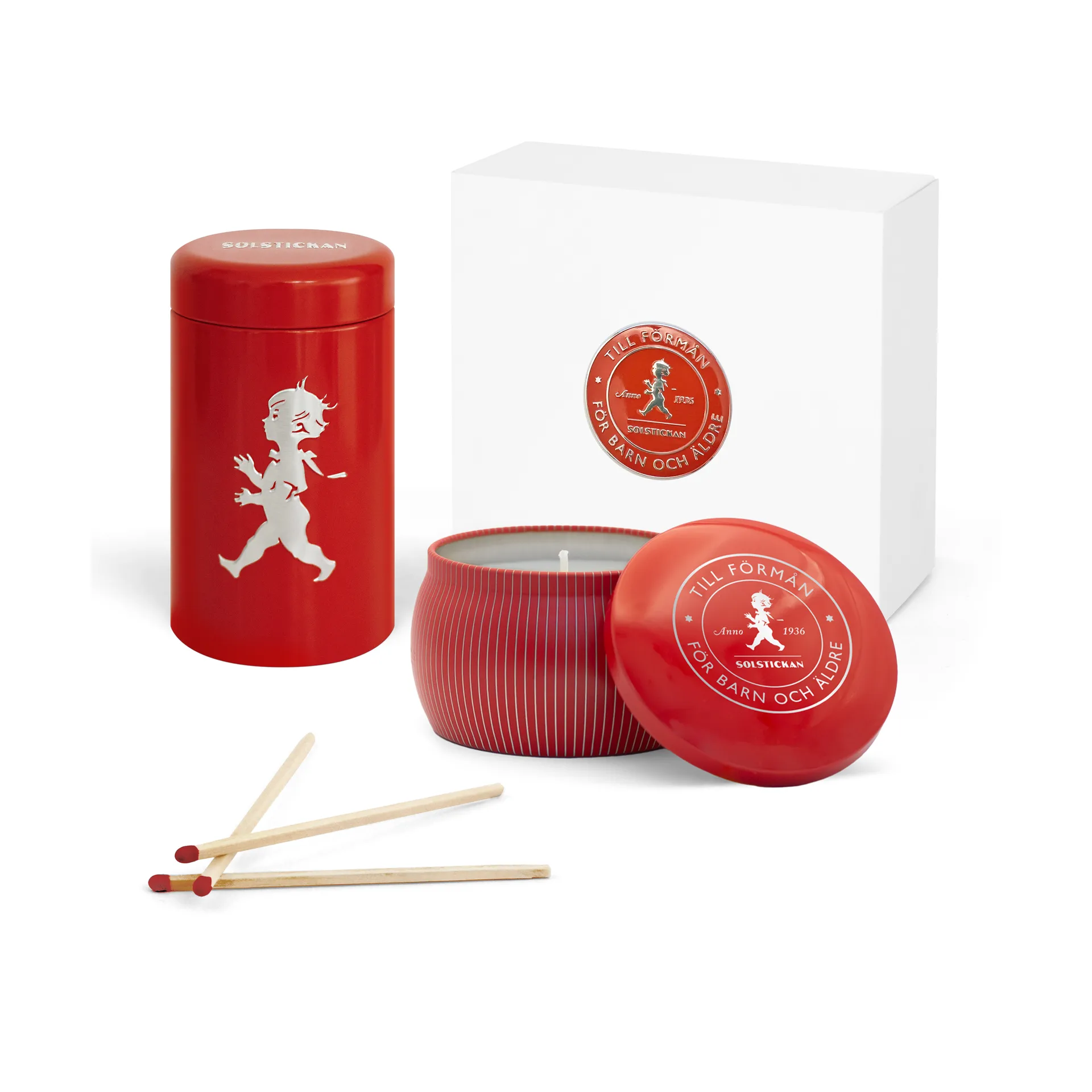 Caja de regalo Solstickan con vela aromática + bote con cerillas, Rojo-vela perfumada de canela y naranja Solstickan Design